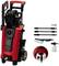 'Pressure washer with accessories, including a brush, a nozzle and a spray head. Compact design, red and black colours.'