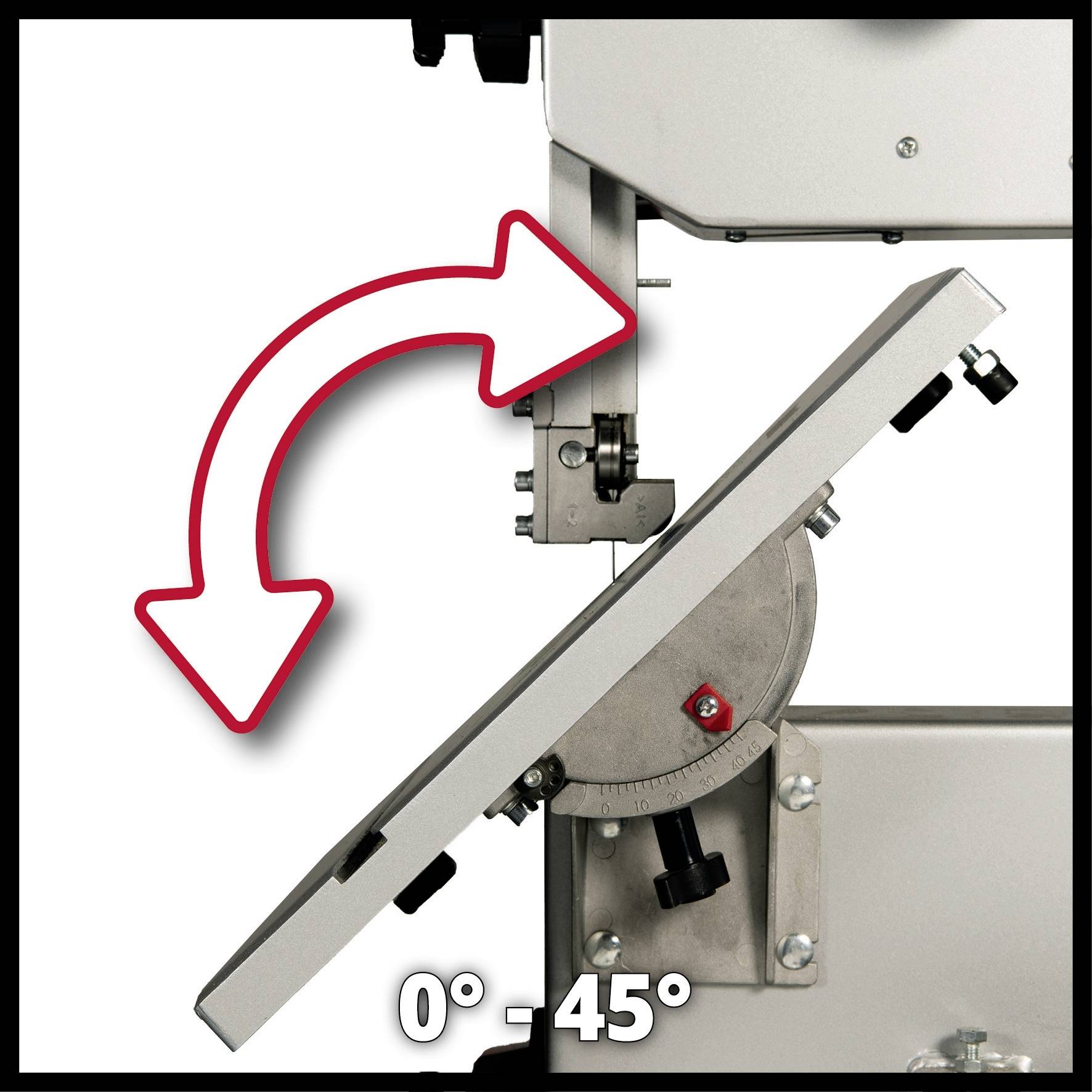 'Cutter with pivoting table; angle range from 0° to 45° displayed. Red arrow indicates adjustability and movement.'