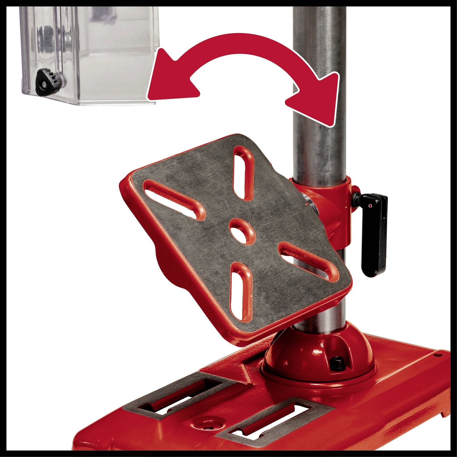 Drill press table with adjustable tilt and a red arrow indicating the pivoting movement. Control lever visible.