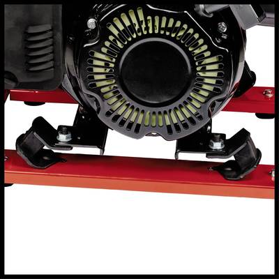 A black motor with a round fan is mounted on red metal brackets.