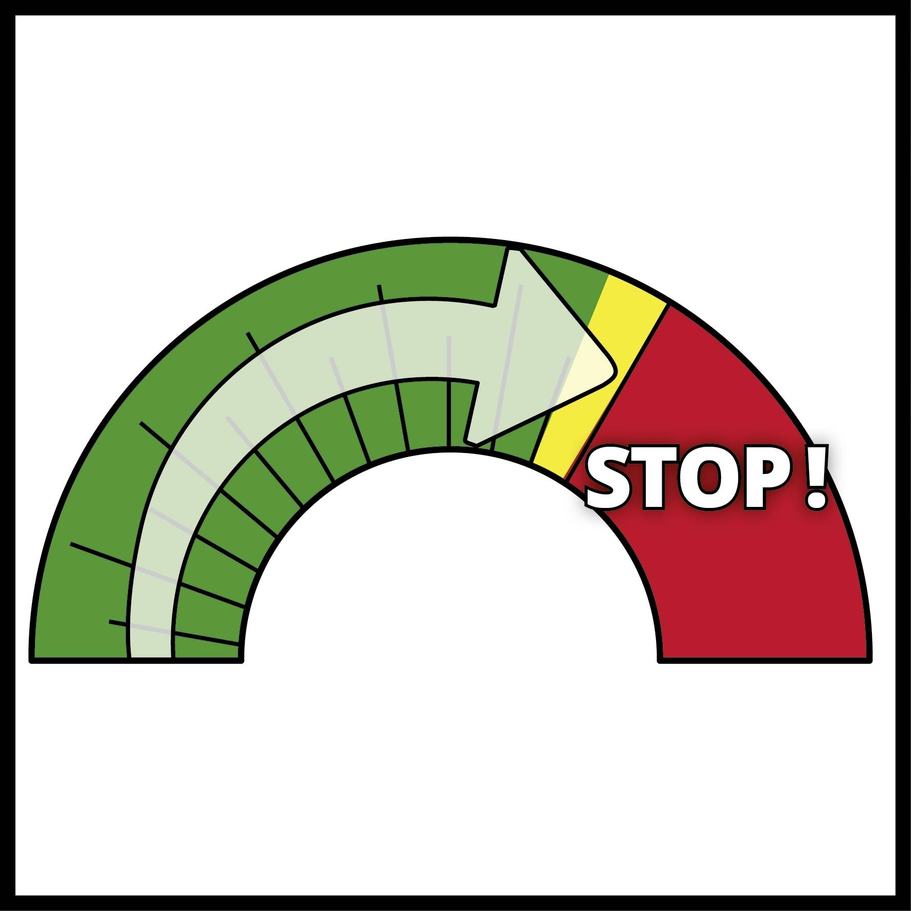 A coloured tachometer shows from green through yellow to red, with a red arrow pointing to 'STOP!'