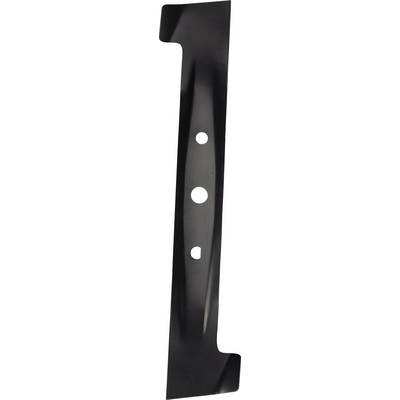 A black metal lawnmower blade with three round holes symmetrically positioned in the centre.