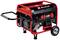 A red electricity generator with side-mounted controls and a black casing, mounted on wheels for easy transportation.