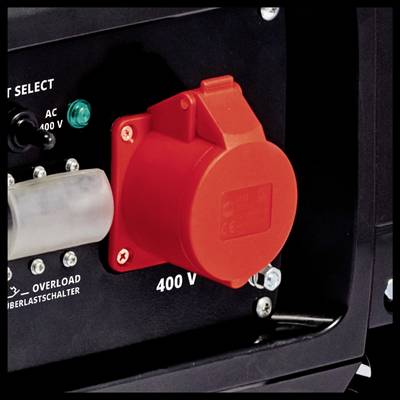 Red 400V socket on black device. Switch and labels nearby indicate overload protection.