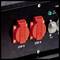 Two red 230V sockets on a black device, beside a green indicator light marked 'AC 230V', two switches and the label 'OFF'.