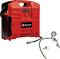 Red Einhell portable air compressor with hose, pressure gauge, and spray gun attachment, shown with several nozzle tips on a white background.