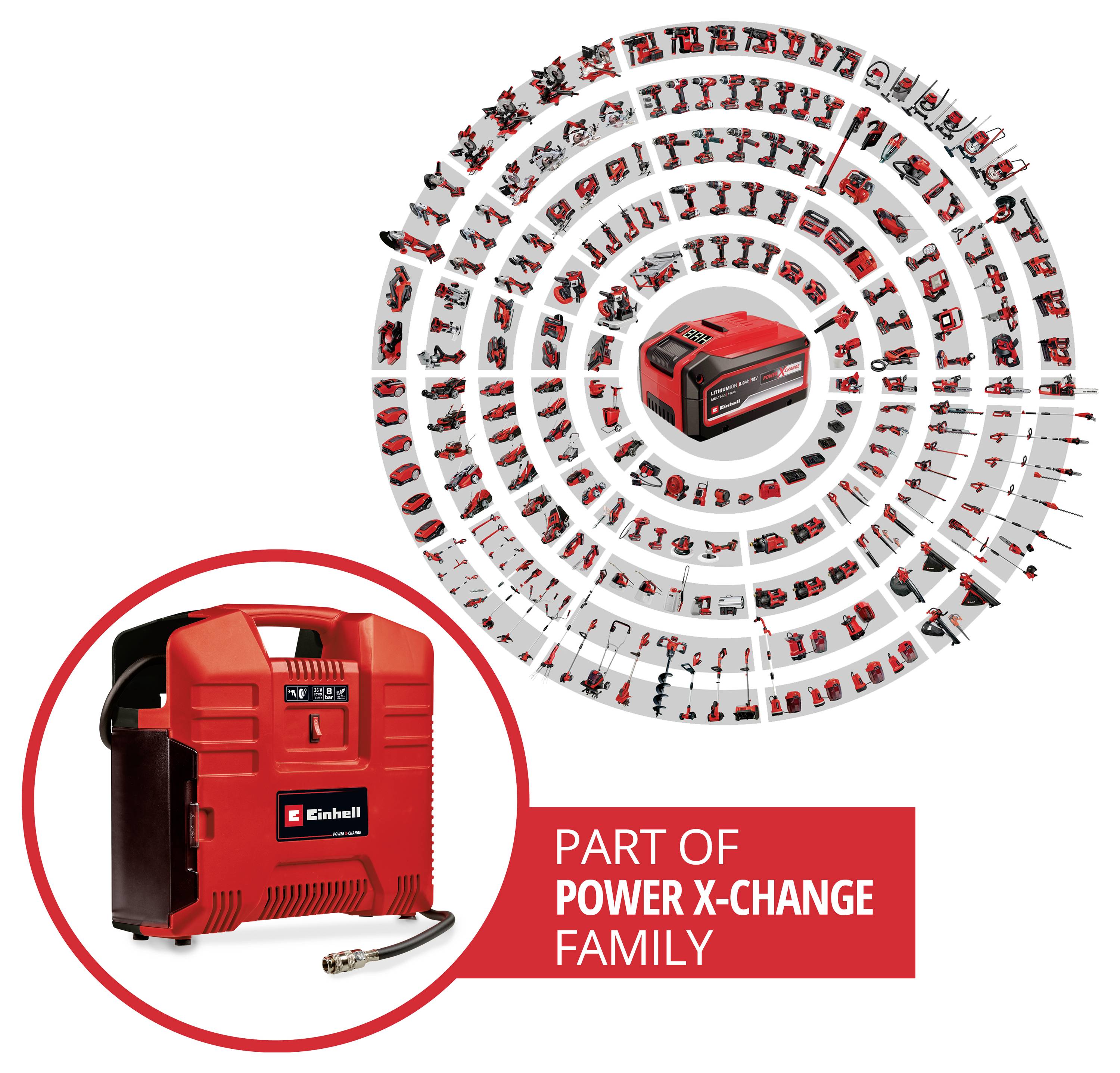 Red Einhell battery charger with power cord, shown as part of the Power X-Change family alongside a circular lineup of compatible tools.