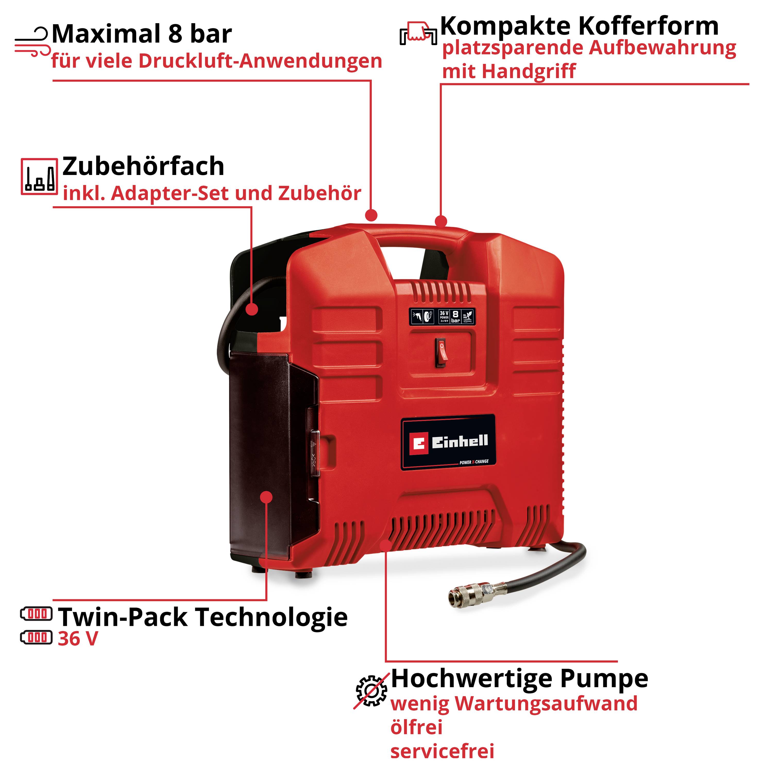 Red Einhell air compressor with carrying handle; highlighted are 8 bar, compact design, accessory compartment, Twin-Pack technology 36 V and high-quality pump.