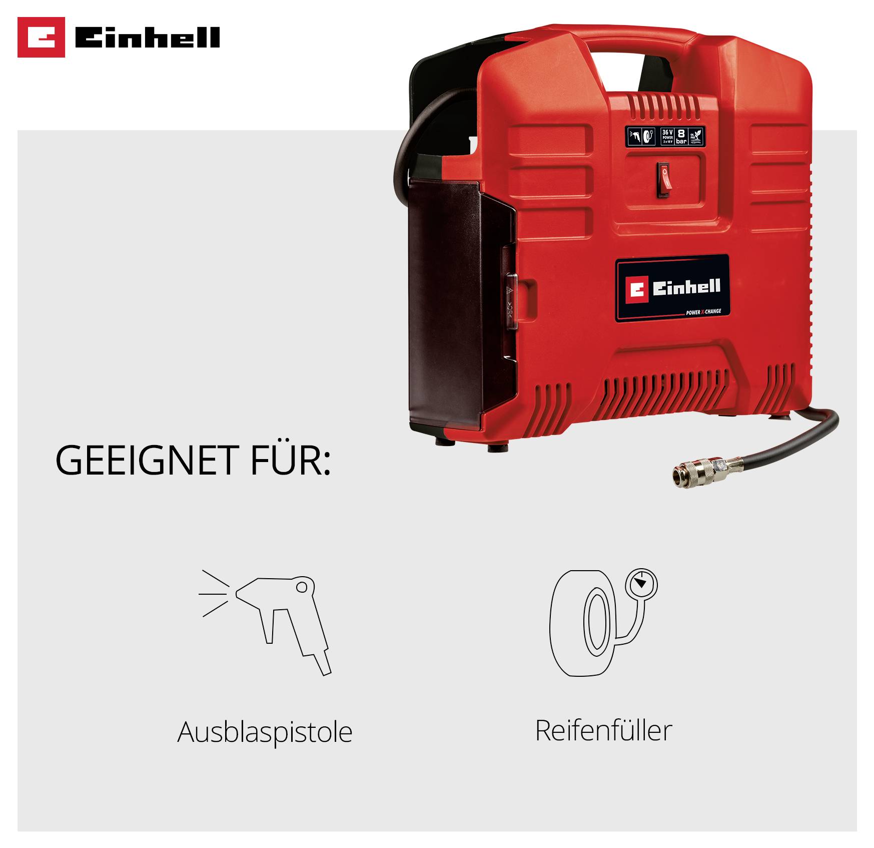 Einhell compressor; suitable for air blow gun and tyre inflator, shown with the symbols and the designations 'air blow gun' and 'tyre inflator'.