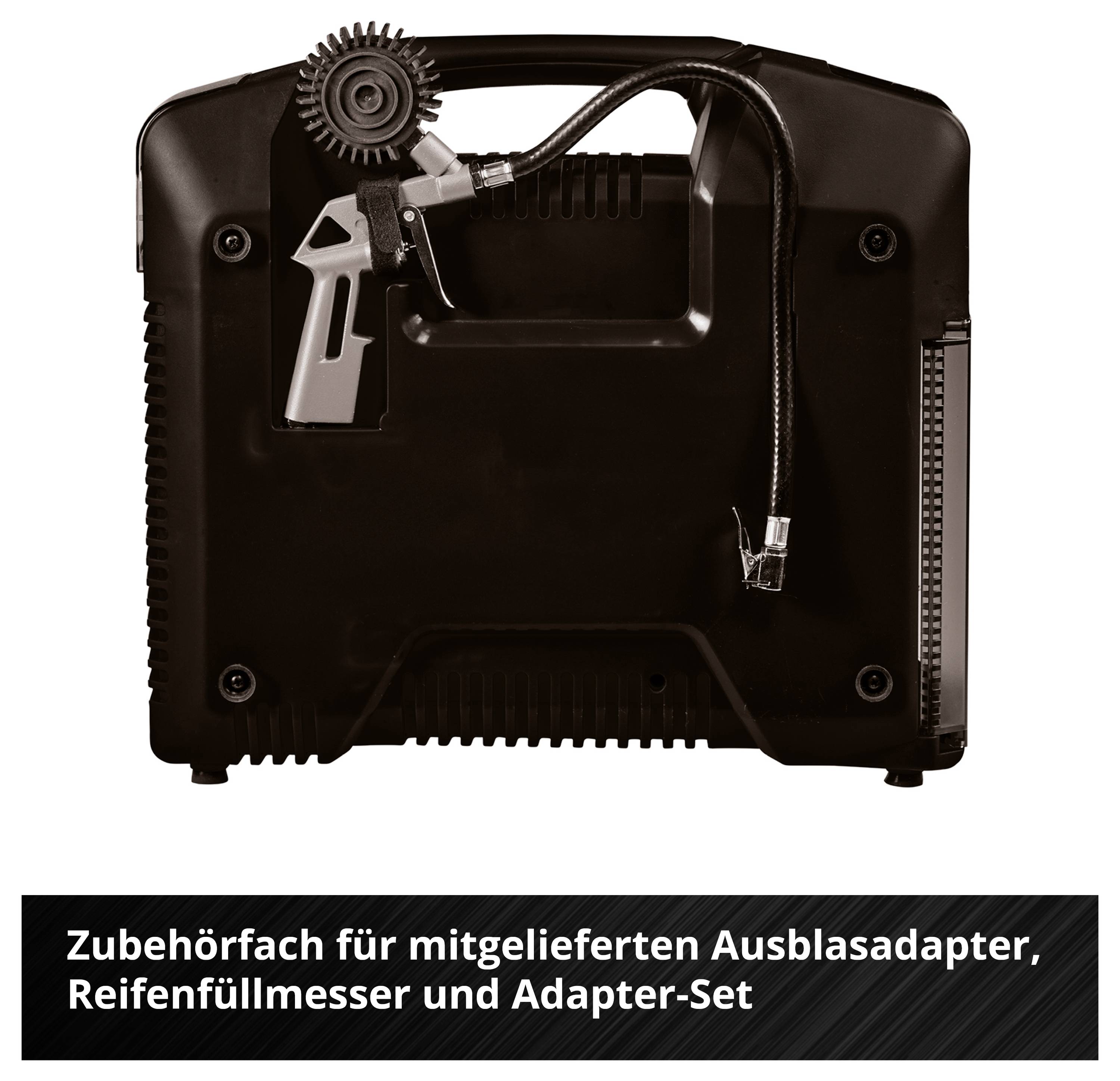 Rear of a black device with an accessory compartment for air outlet adapter, tyre pressure gauge and adapter set; accessories connected and visible at the top.