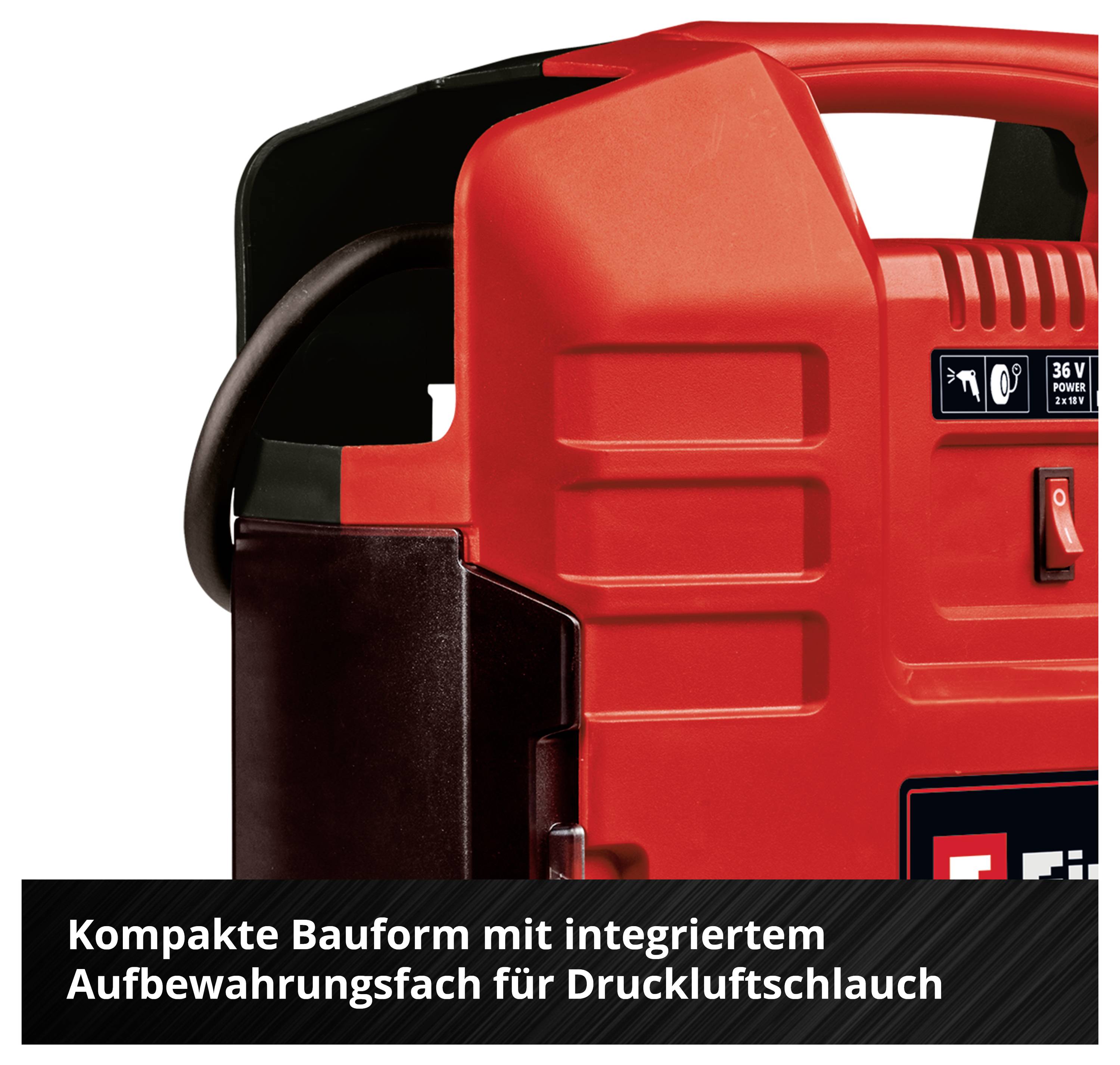 Red, compact compressed air machine with integrated storage compartment for the compressed air hose; Text: 'Compact design with integrated storage compartment for compressed air hose'