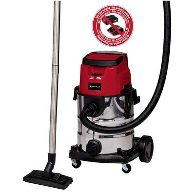 A red and silver industrial vacuum cleaner with a stainless steel body and a long suction tube. A sticker with a crossed-out vacuum bag indicates that no bags are required.