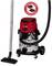 A red and silver industrial vacuum cleaner with a stainless steel body and a long suction tube. A sticker with a crossed-out vacuum bag indicates that no bags are required.