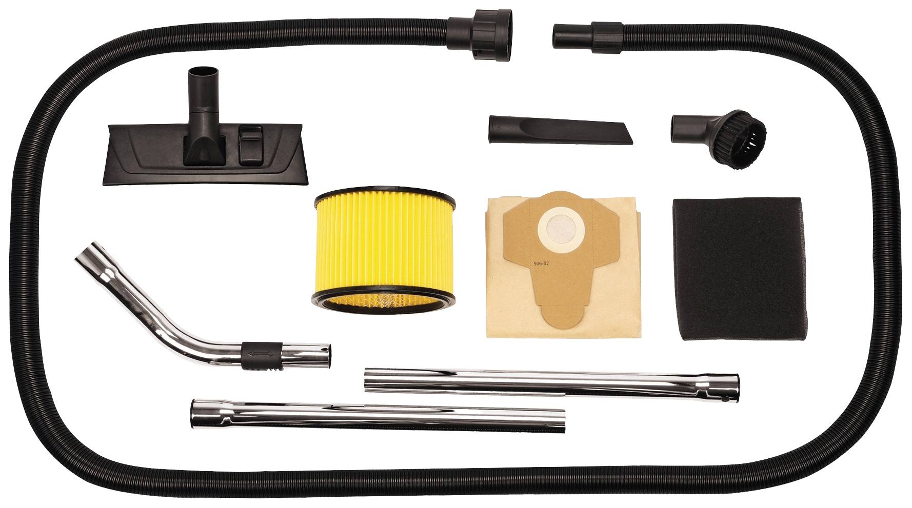 Vacuum cleaner accessory set with hose, nozzles, metal tubes, filter and bags. Various components for cleaning purposes.