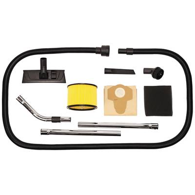 Vacuum cleaner accessory set with hose, nozzles, metal tubes, filter and bags. Various components for cleaning purposes.