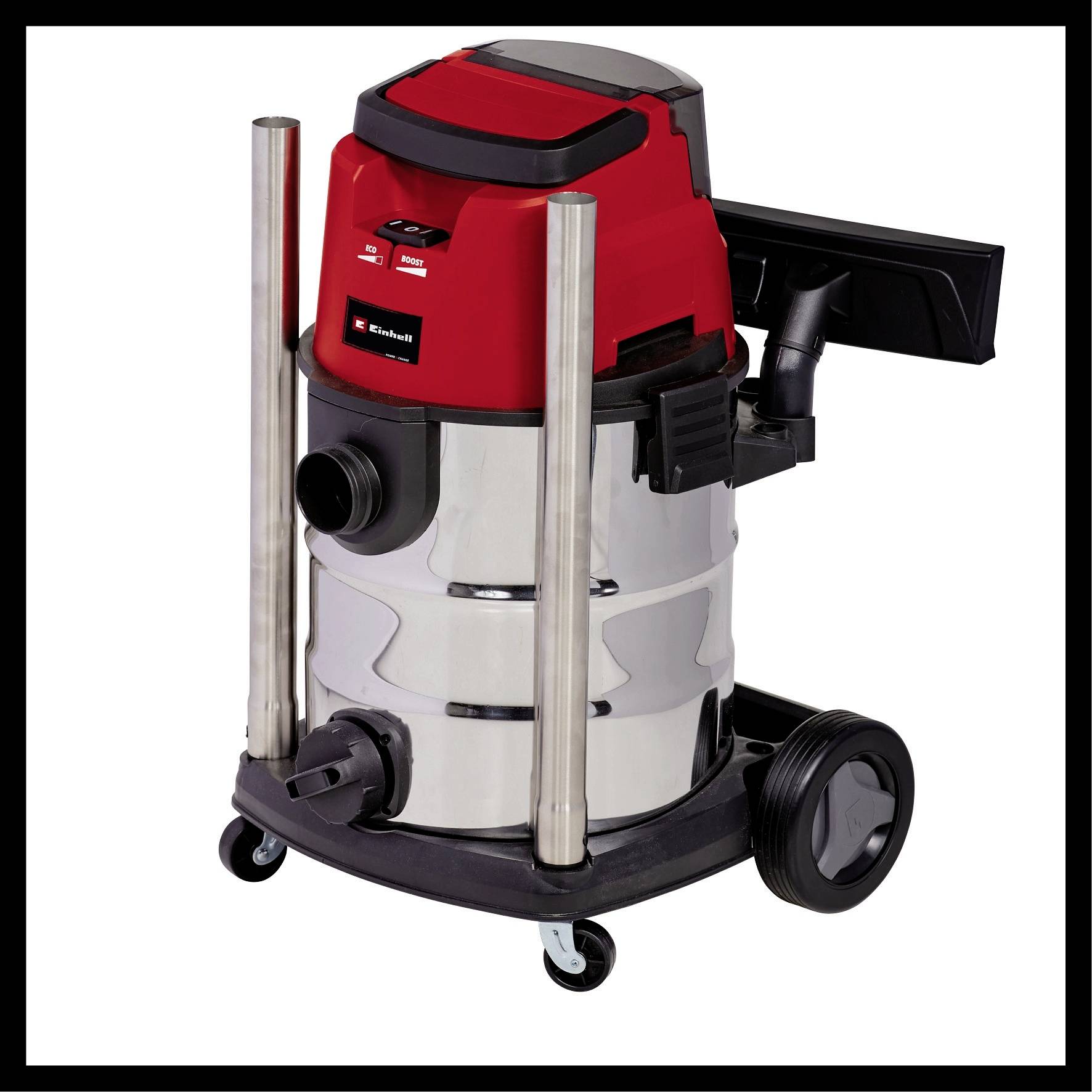 A red and silver workshop vacuum cleaner with wheels and handle. Suitable for industrial and workshop cleaning.
