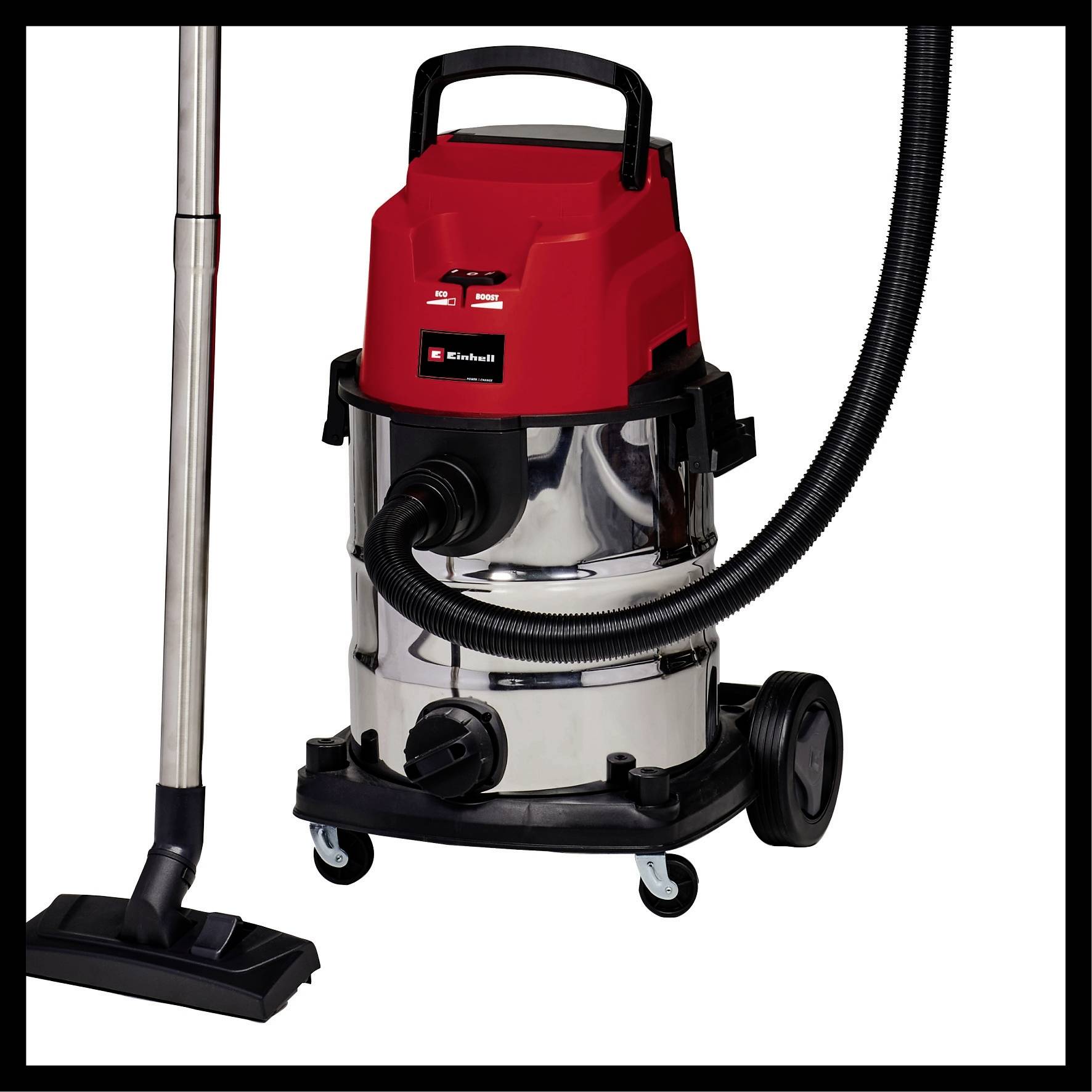 A red and silver wet and dry vacuum cleaner with wheels and a long hose, suitable for various household cleaning tasks.