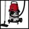 A red and silver wet and dry vacuum cleaner with wheels and a long hose, suitable for various household cleaning tasks.