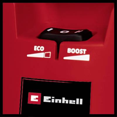 Close-up of a switch with 'ECO' and 'BOOST' modes on a red device by Einhell.