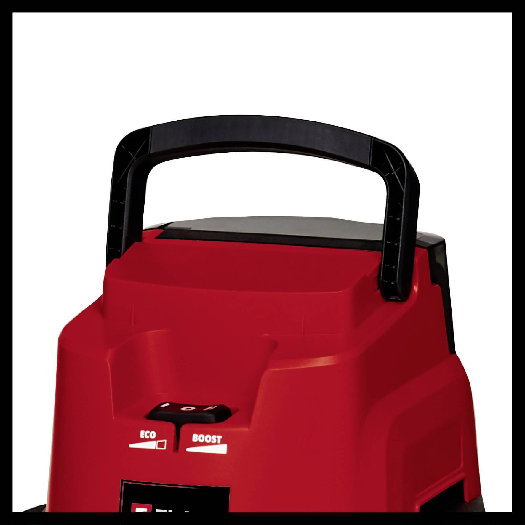 A red portable vacuum cleaner with a black handle, featuring Eco and Boost modes. Ideal for quick cleaning tasks.