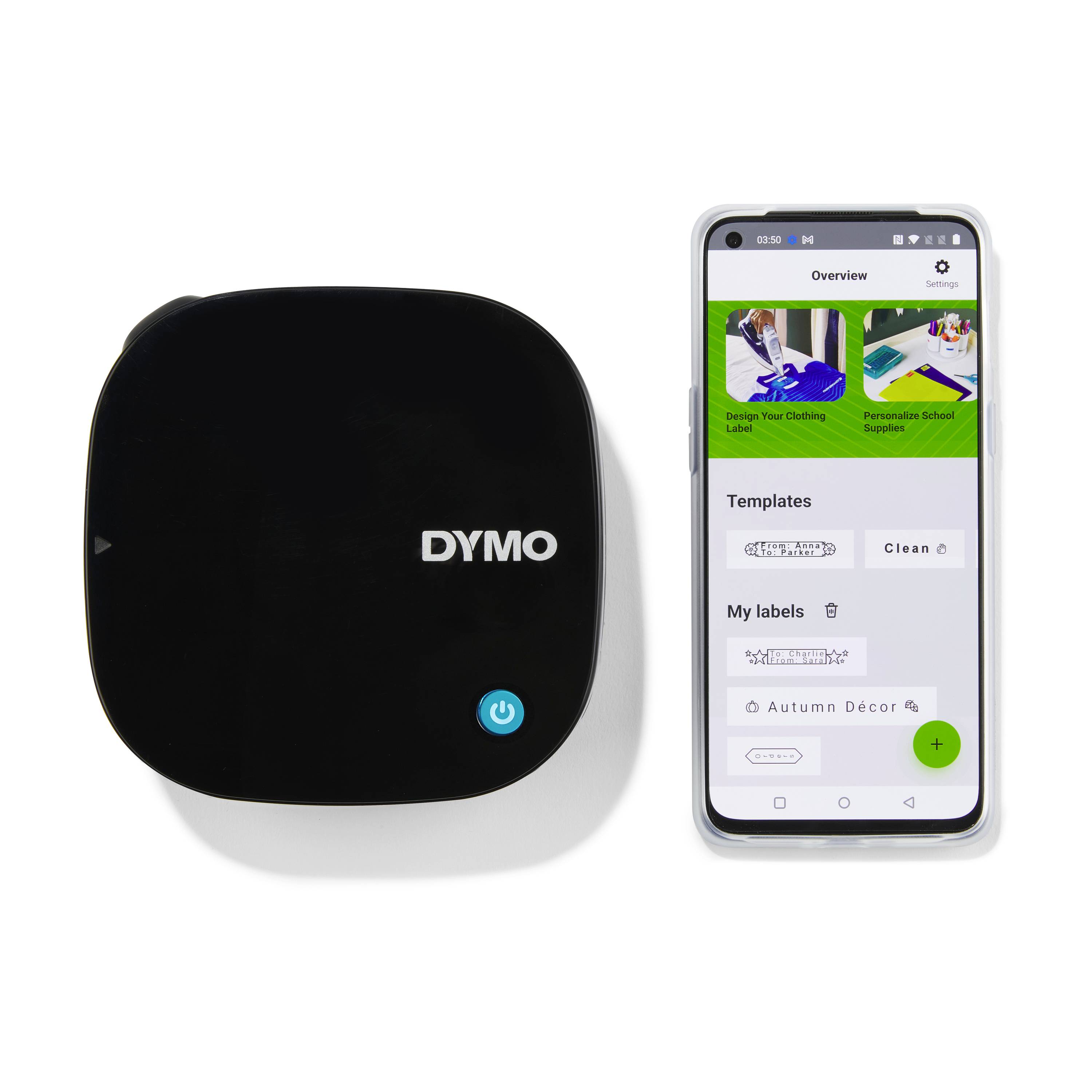 DYMO label printer next to a smartphone with an open label printing app. The display shows available templates.