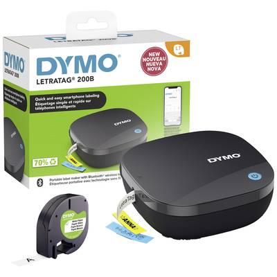 'Dymo LetraTag 200B Label Printer in Black in front of its packaging. Compatible with smartphone app, includes label cassette.'