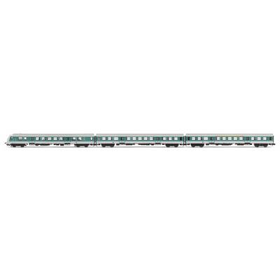 A long, green model railway set with four passenger carriages and silver roofs, depicted in H0 scale, side view.