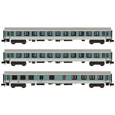 Three model railway carriages in a line. The carriages are turquoise with black windows and white roofs.