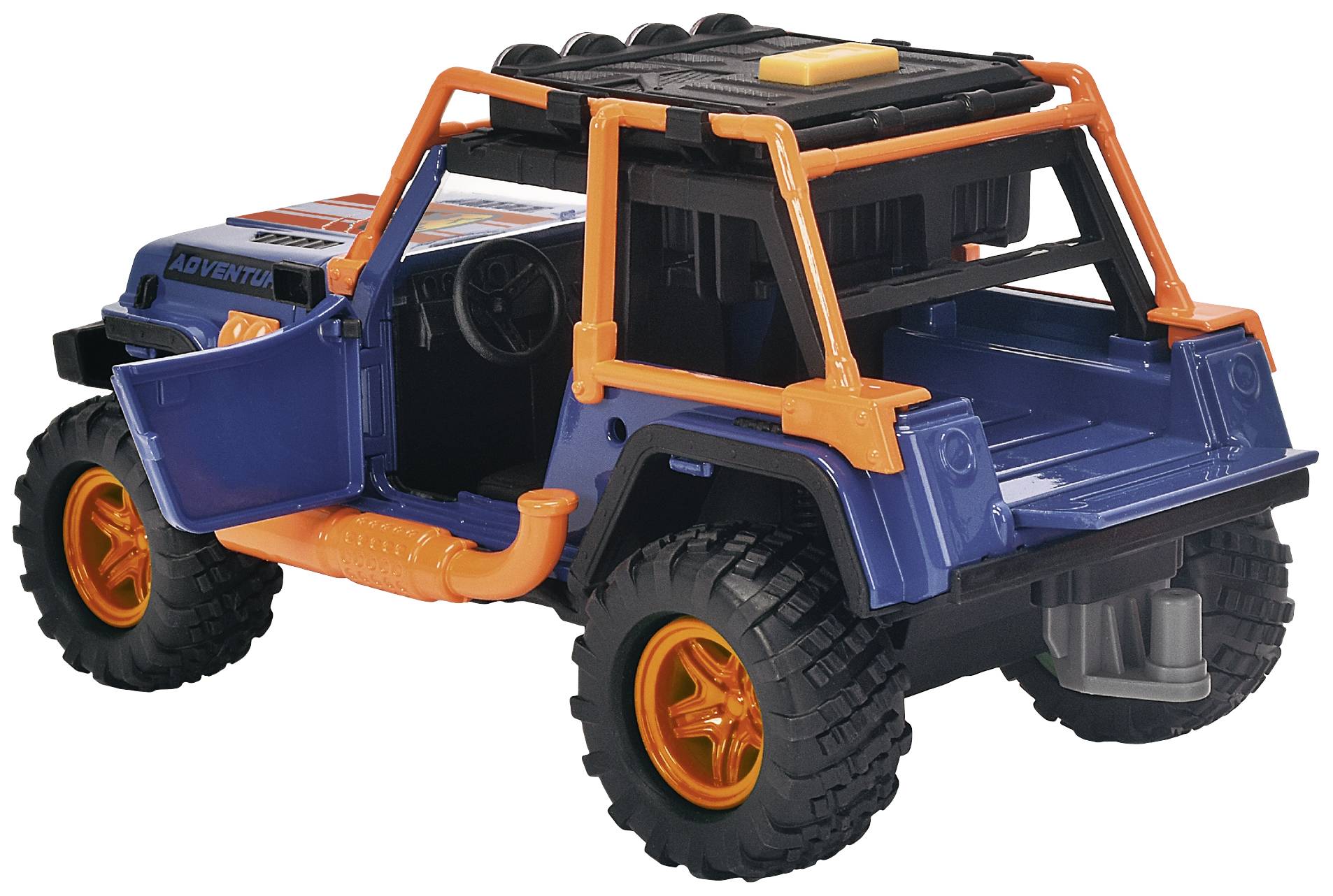 A colourful toy off-road vehicle model with orange accents, large tyres, and an open load bed against a white background.