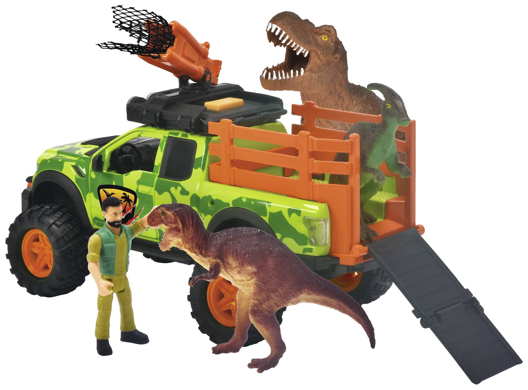 A camouflage toy off-road vehicle with a figure on it. Two dinosaur figures: one is being held by a capture device.