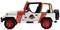 A toy car model of a Jeep with the 'Jurassic Park' logo on the side, featuring red and white stripes and the number 12.