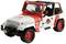 A white and red toy Jeep model with a 'Jurassic Park' logo, red number plate 'JP12' and red wheels.