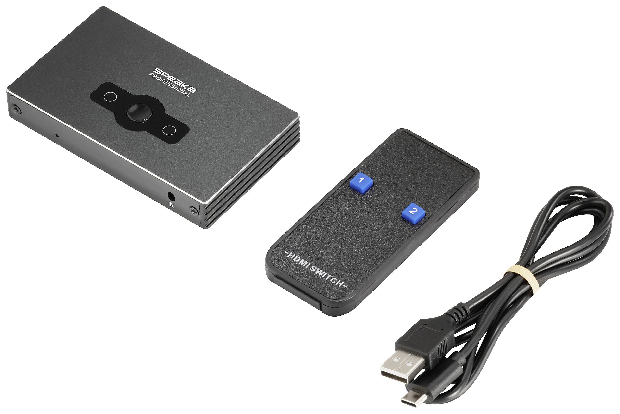 An HDMI switch with two blue buttons, a remote control, and a USB cable. Used for switching between HDMI sources.