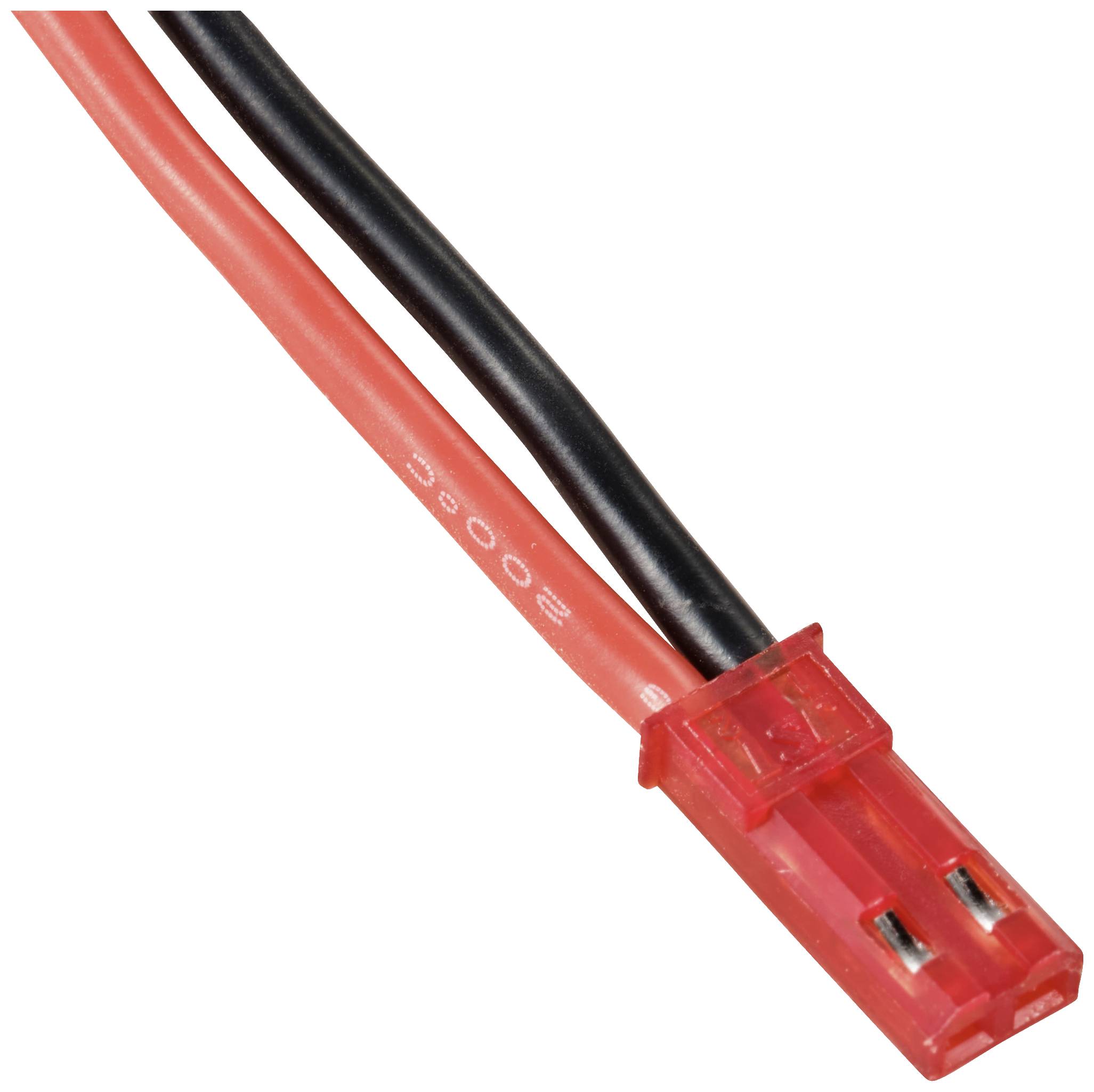 Red and black cable strand with red plastic plug; used for powering electronic devices.
