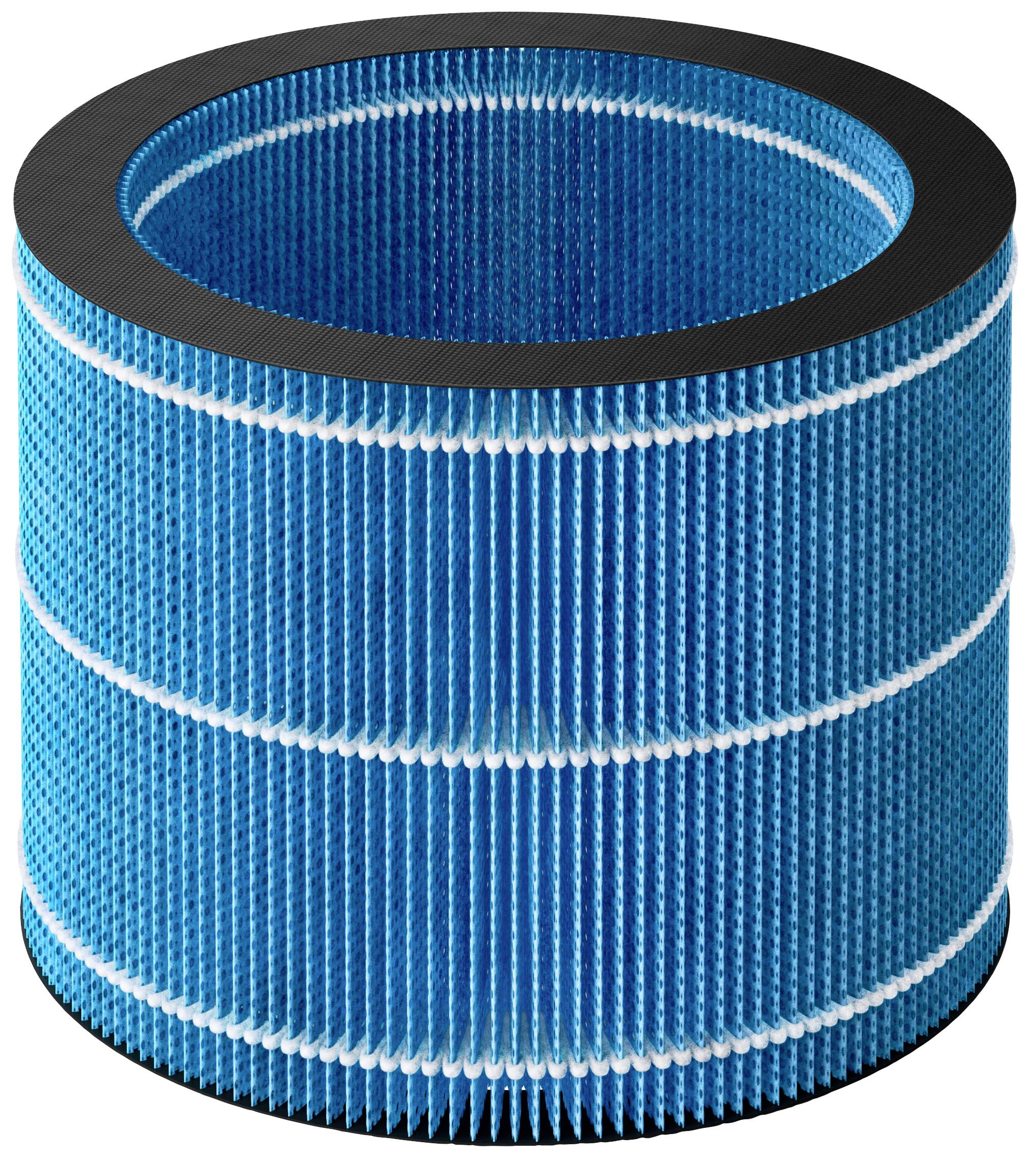 Blue cylindrical air filter with a black rim and pleated structure to increase the filter surface area.