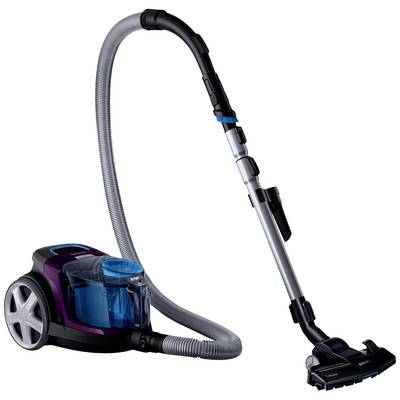 Vacuum cleaner with a transparent blue dust container and grey hose, mounted on wheels.
