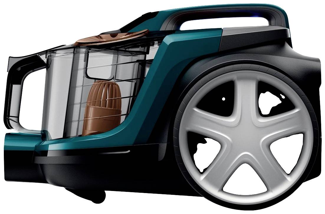 A modern, black and green bagless vacuum cleaner. The transparent container and large, sturdy wheel are clearly visible.