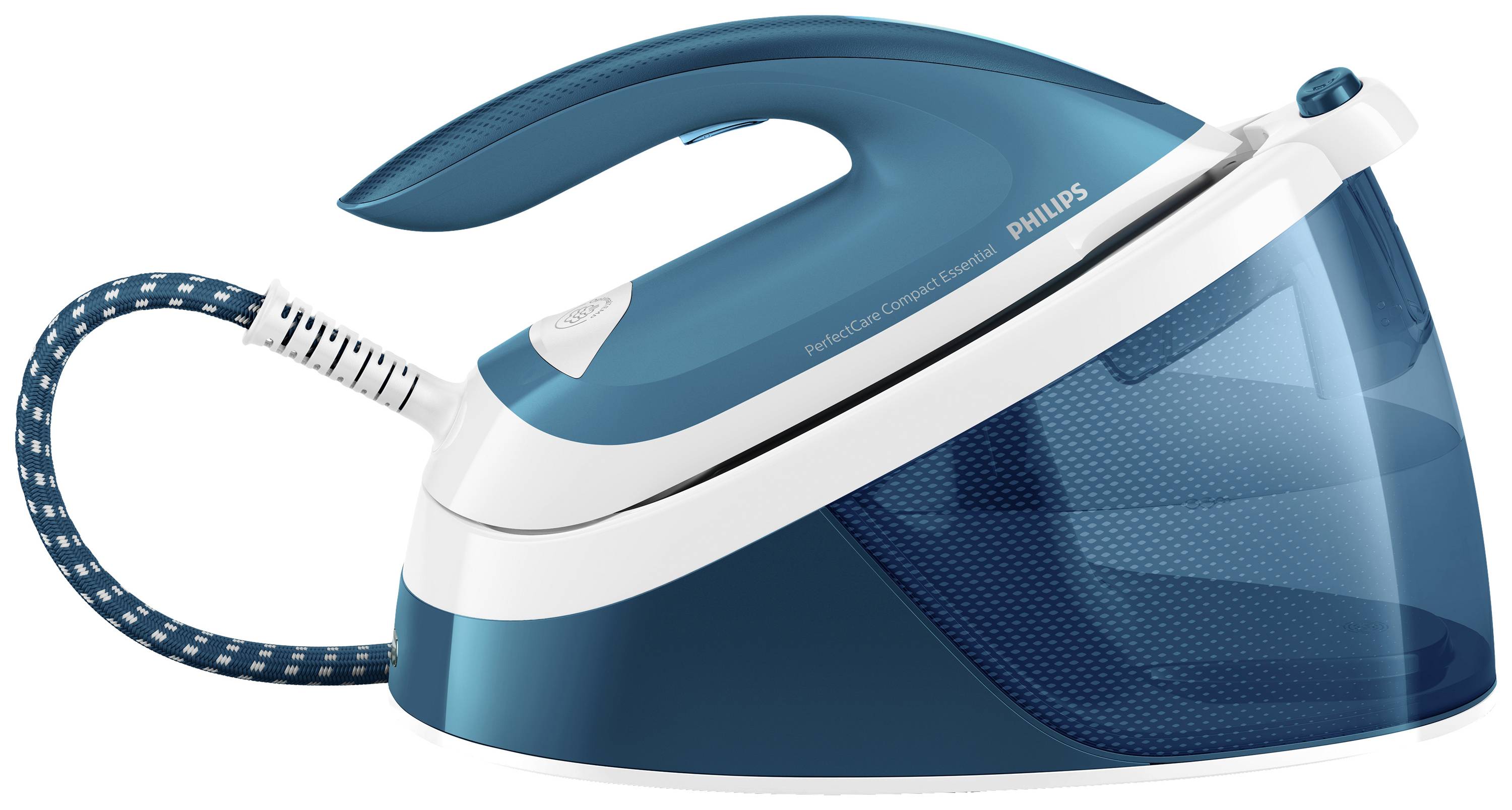 A blue steam iron with a water tank, connected by a cable. It stands upright and displays the brand logo.
