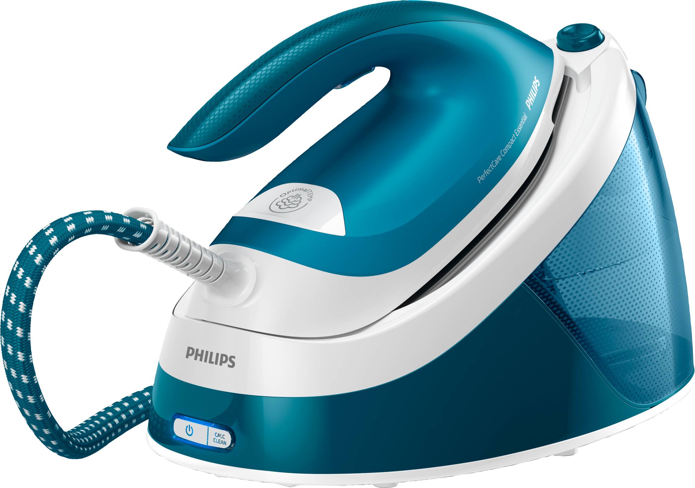 A blue and white steam iron with a large water station. Brand name and logos visible on the appliance.