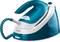 A blue and white steam iron with a large water station. Brand name and logos visible on the appliance.