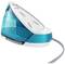 A blue and white corded steam iron standing upright.
