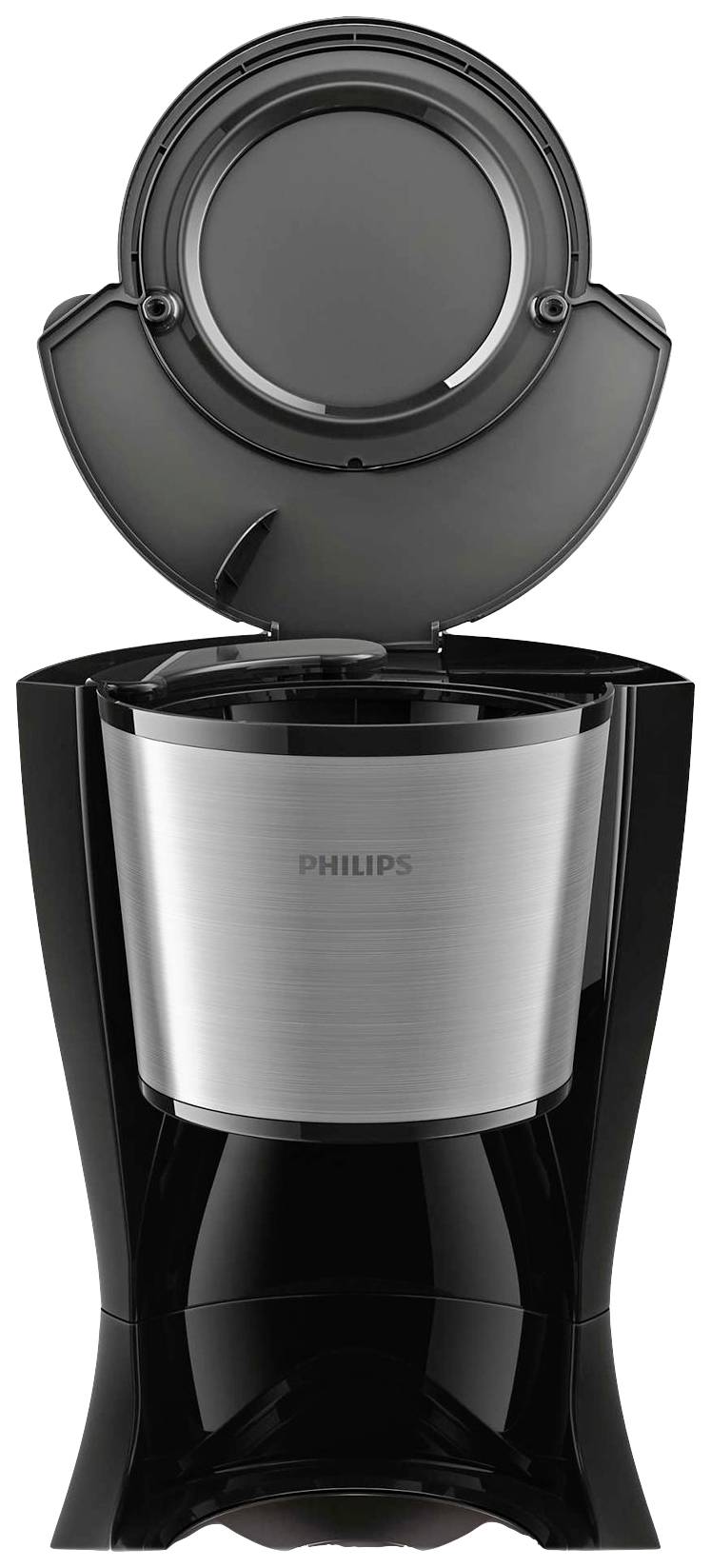 Coffee machine in black and silver design with open lid, showing interior view.