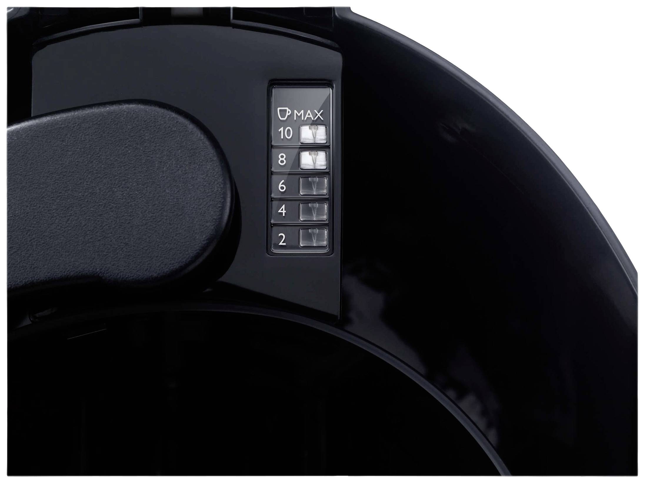 Close-up of a black deep fat fryer with a visible level indicator. The scale is numbered from 2 to 10, with MAX highlighted.