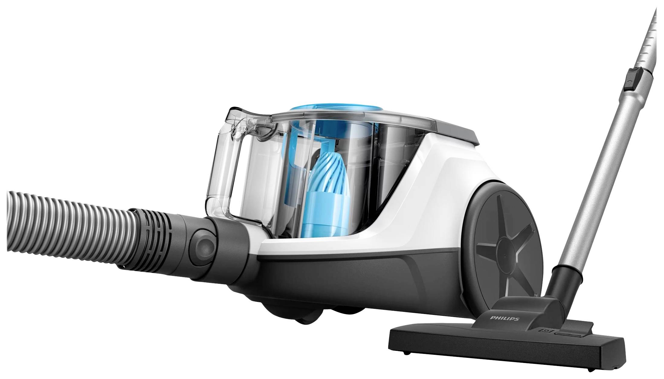Bagless vacuum cleaner with modern nozzle and transparent container, suitable for efficient and hygienic cleaning.