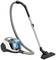 'A white and black vacuum cleaner with a transparent container and a long hose, against a grey background.'