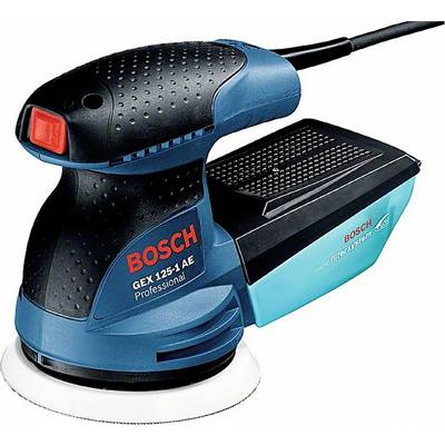 Electric Bosch hand sander with blue, black and red design, Model GEX 125-1 AE, suitable for professional applications.