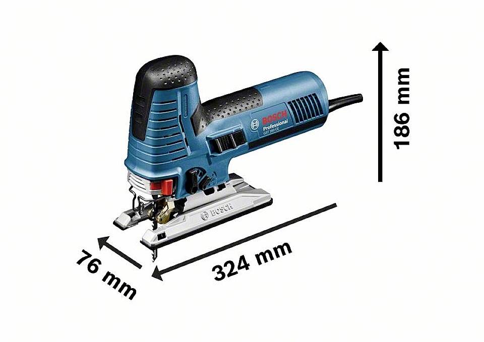 Electric jigsaw in blue with dimensions: 324 mm length, 76 mm width, 186 mm height.