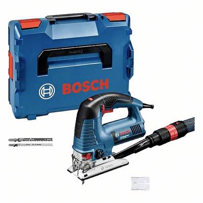 Electric jigsaw by Bosch in front of a blue tool case. Accessories such as saw blades are shown.