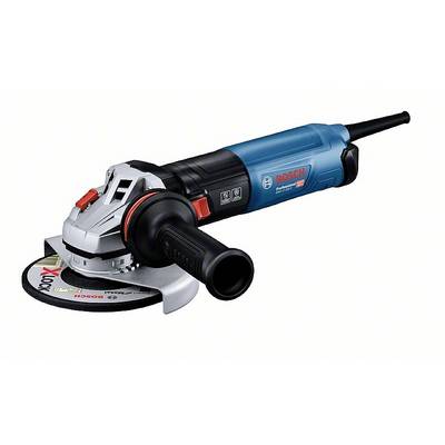 A blue angle grinder with a black handle and red switch, Bosch brand, is lying on a white background.