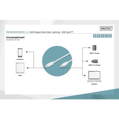 USB charging cable, Lightning, USB Type-C, connects smartphone, tablet with USB-C charger, car charger, notebook.